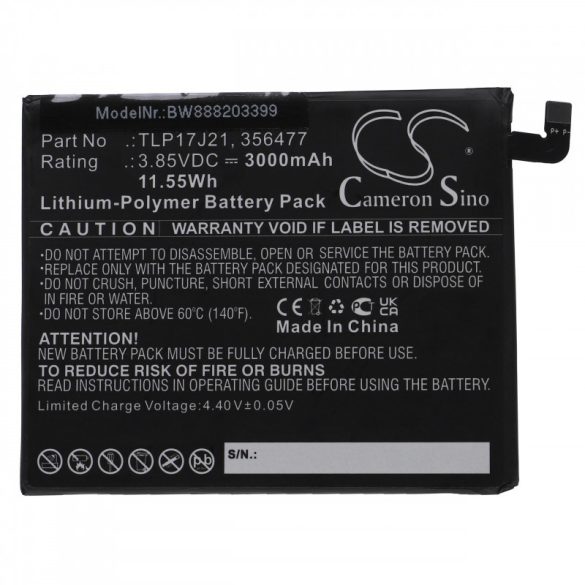 Utángyártott mobiltelefon akkumulátor Wiko 356477 TLP17J21 3000mAh 3.85V Li-polymer