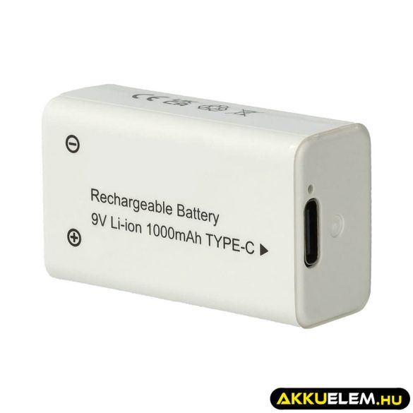 9V Block Li-ion akkumulátor USB-C csatlakozó 6F22 6LR61 9.0V 1000mAh