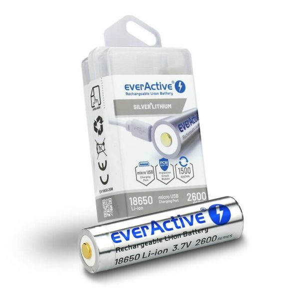 everActive 18650 2600mAh 3,6V Li-Ion akku beépített tölto - microUSB csatlakozó