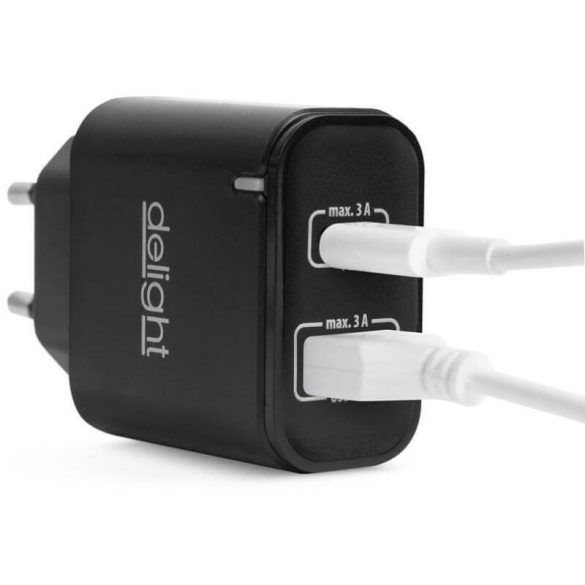 Hálózati Adapter USB + USB-C Type-C PD20W gyorstöltéssel Delight FEKETE