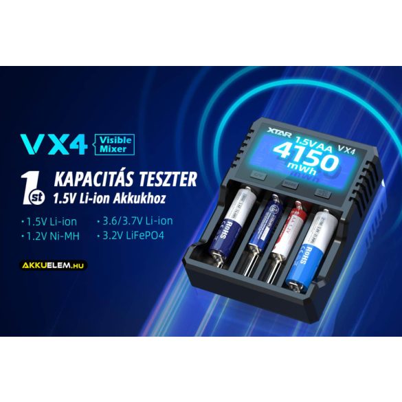 XTAR VX4 Ni-MH, LiFePO4, 1,5V és 3,6V/3,7V Li-ion teszter töltő hálózati adapterrel