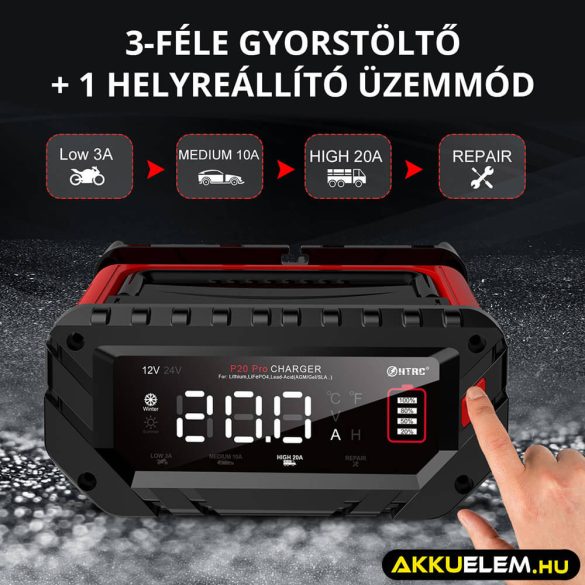 HTRC P20 Pro töltő 12V 20A/24V 10A - Ólom és LiFePO4 akkutöltő