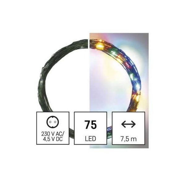 Karácsonyi fényfüzér 75Led 7.5+5m IP44 cherry nano színes D3AM02 kül/bel időzítő