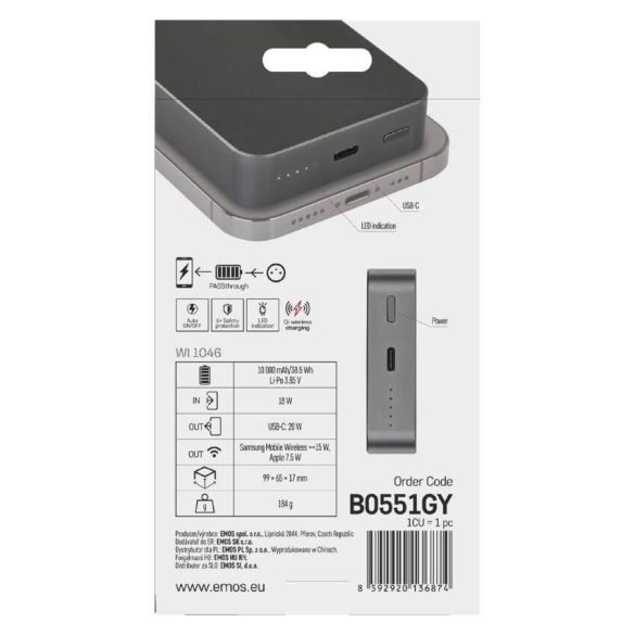 EMOS Powerbank WI 10 000 mAh, 20 W+Wireless B0551GY LIPO 3,85V  külsŐ