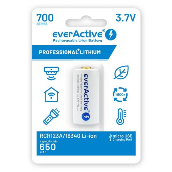 everActive 16340 3,7V 700mAh li-ion akkumulátor micro USB bemenettel