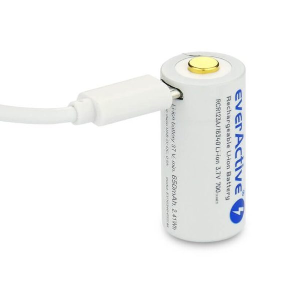 everActive 16340 3,7V 700mAh li-ion akkumulátor micro USB bemenettel