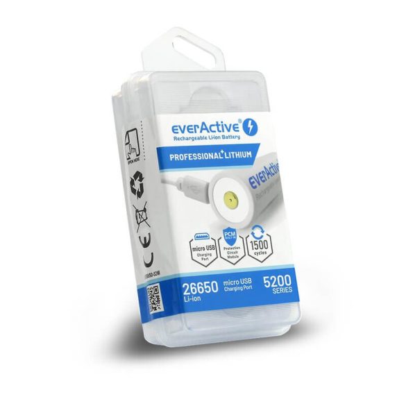 everActive 26650 3,7V 5200mAh li-ion akkumulátor microUSB bemenettel