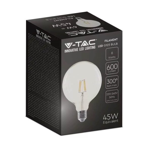 V-TAC E27 G125 Filament LED-izzó 6W 2700K 550lm 300°