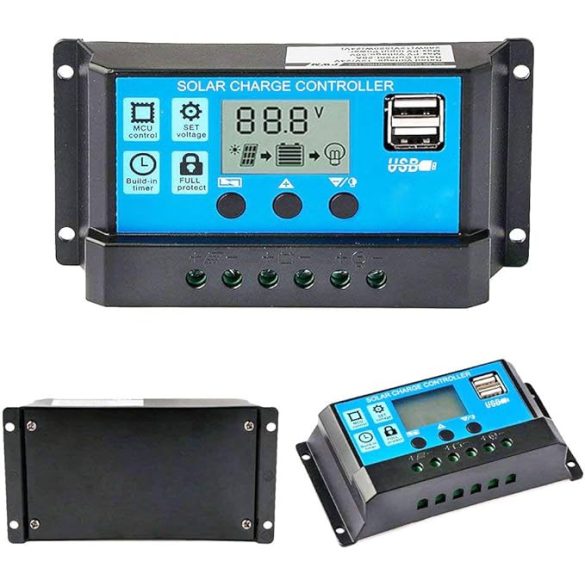 Napelem töltésvezérlő 12V/24V 10A PWM+USB