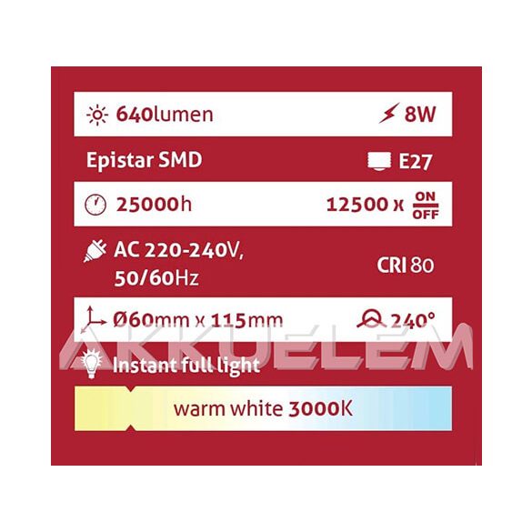 Avide Globe E27 A60 8W 640lm 3000K LED-izzó 3év gar.