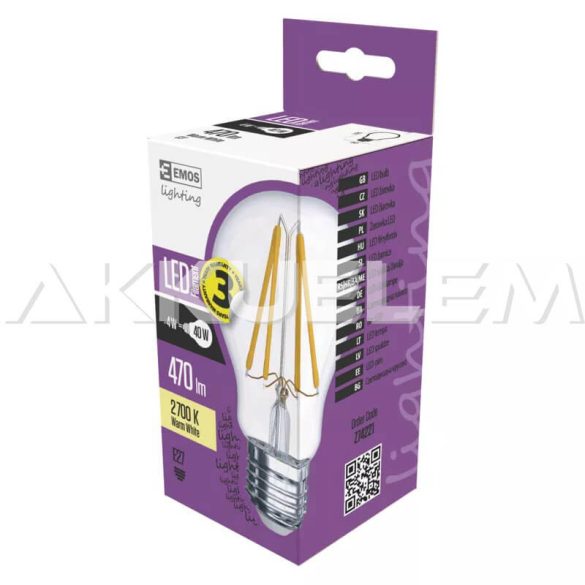 Classic E27 A60 4W 360° 2700K LED 470lm filament WW A++ LED-izzó