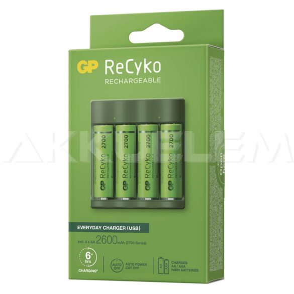 GP ReCyko Everyday B421 USB-s akkutöltő PowerBank + 4db 2700mAh AA akku